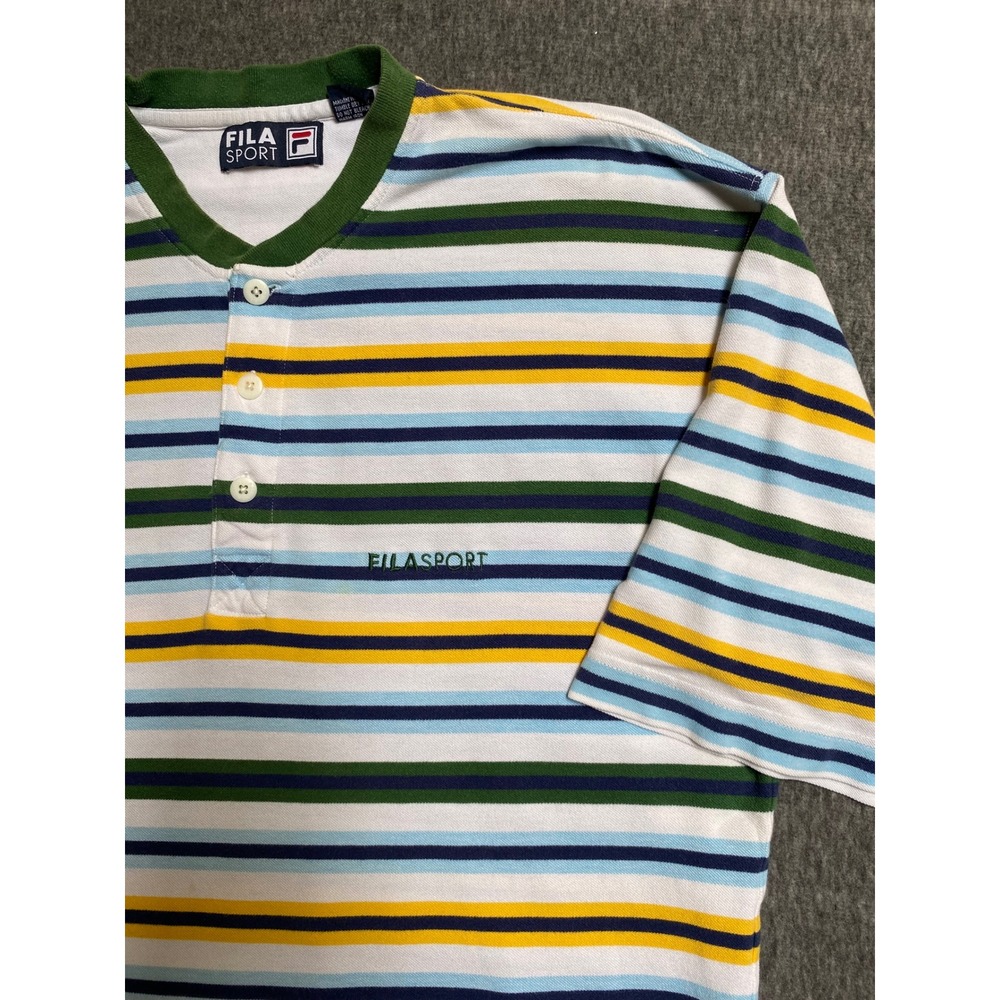 Vintage Fila Sport Striped Henley Shirt Mens Large Short Sleeve Cotton Pique 90s